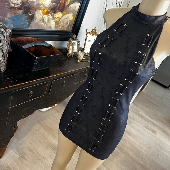 bebe Dresses & Skirts - bebe black hi collared bandage dress with brass back zipper & front grommets